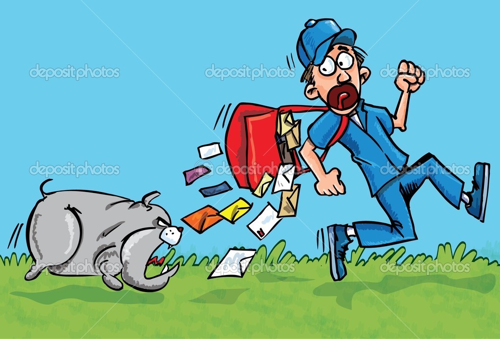 Cartoon postman running away from a dog. He is dropping his letters