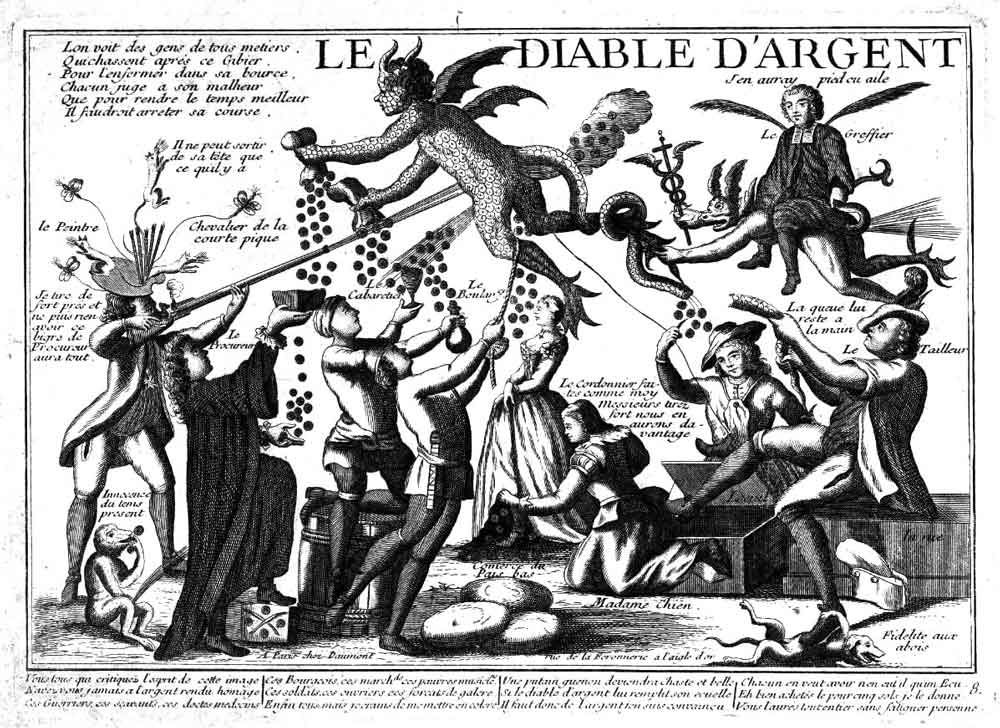 Der Geldteufel, französische Radierung des frühen 18. Jahrhunderts
