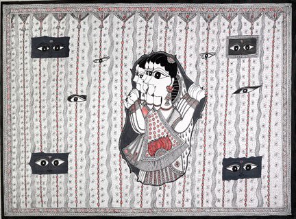 In this image, the artist Rani Jha states, In the past we could only peek through the curtain, now we have joined together and our breaking through the curtain