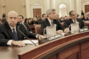 Goldman Sachs Group, Inc. Chairman and Chief Executive Officer Lloyd Blankfein;  JPMorgan Chase Company Chairman and Chief Executive Officer James Dimon;  Morgan Stanley Chairman John Mack, and Bank of America Corporation Chief Executive Officer and President  Brian Moynihan, testify on Capitol Hill in Washington.